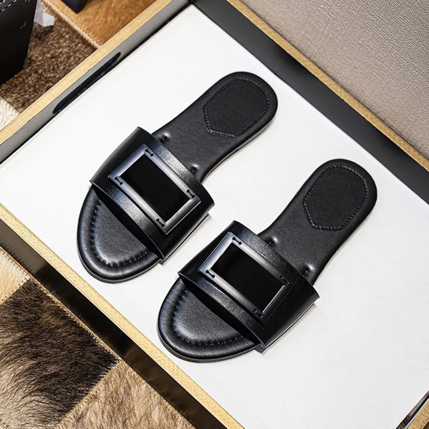 Womens Flat Sandals Slip On Summer Slide Leather Slippers Open Toe Beach Sandals Shoes