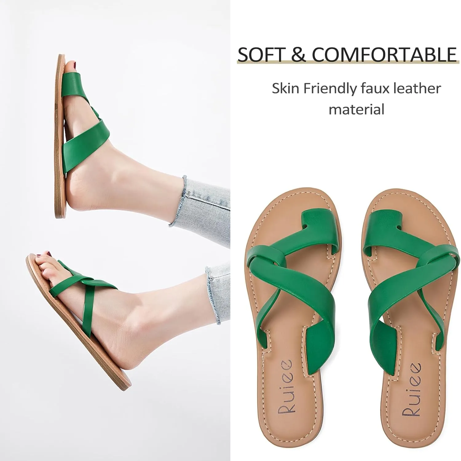 Women's Flat Slides Sandals, Summer Flip Flops Comfort Round Open Toe Slip On Strap Thong Beach Shoes for Women.