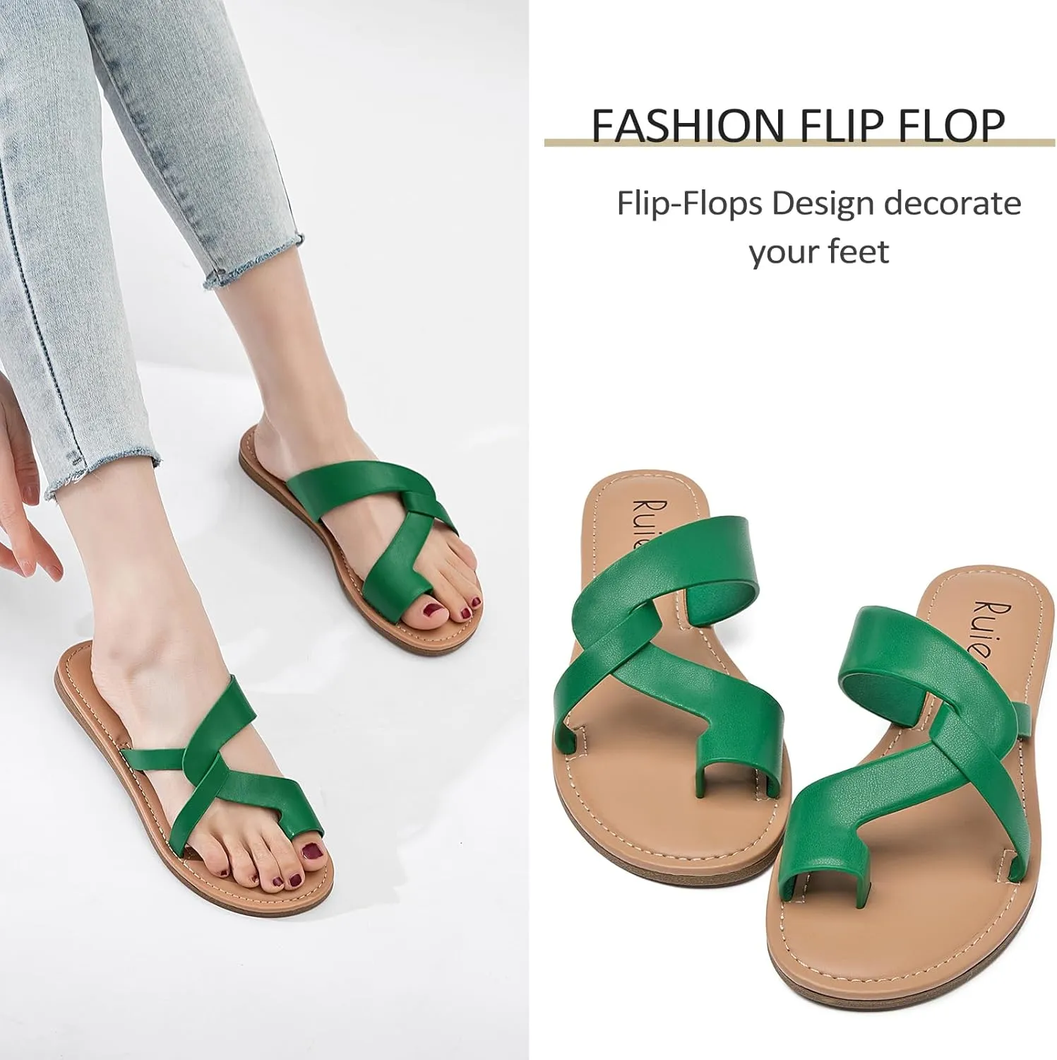 Women's Flat Slides Sandals, Summer Flip Flops Comfort Round Open Toe Slip On Strap Thong Beach Shoes for Women.