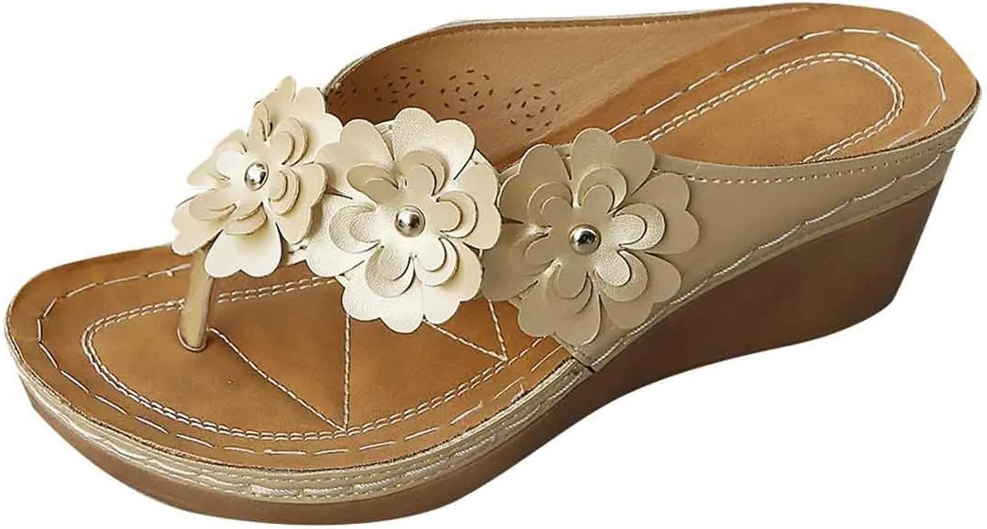 Women's Flip Flops Slip On Orthopedic Low Wedge Sandals Comfortable Yoga Mat Walking Beach Slippers Cute Flowers Flip Flops for Summer Beach Oceanside Holiday Outdoor