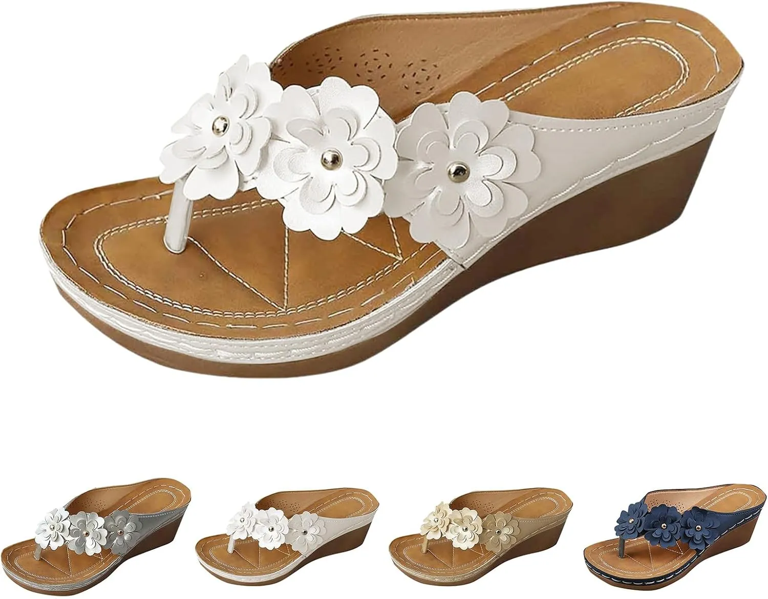 Women's Flip Flops Slip On Orthopedic Low Wedge Sandals Comfortable Yoga Mat Walking Beach Slippers Cute Flowers Flip Flops for Summer Beach Oceanside Holiday Outdoor