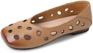 Women's Genuine Leather Hollow Out Flats Sandals Retro Comfortable Square Toe Slip On Ballet Flat Shoes Lightweight Soft Sole Driving Walking Shoes