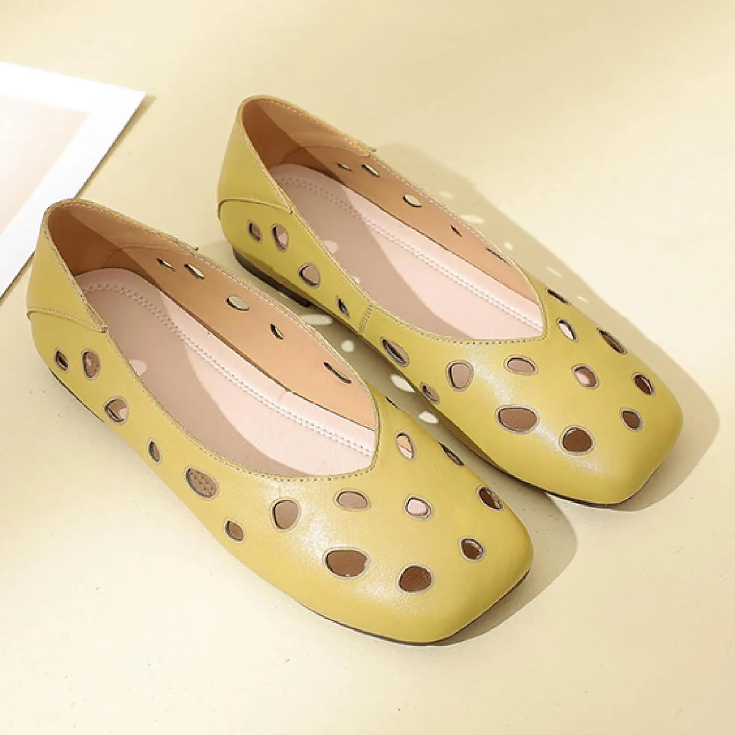 Women's Genuine Leather Hollow Out Flats Sandals Retro Comfortable Square Toe Slip On Ballet Flat Shoes Lightweight Soft Sole Driving Walking Shoes
