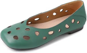 Women's Genuine Leather Hollow Out Flats Sandals Retro Comfortable Square Toe Slip On Ballet Flat Shoes Lightweight Soft Sole Driving Walking Shoes