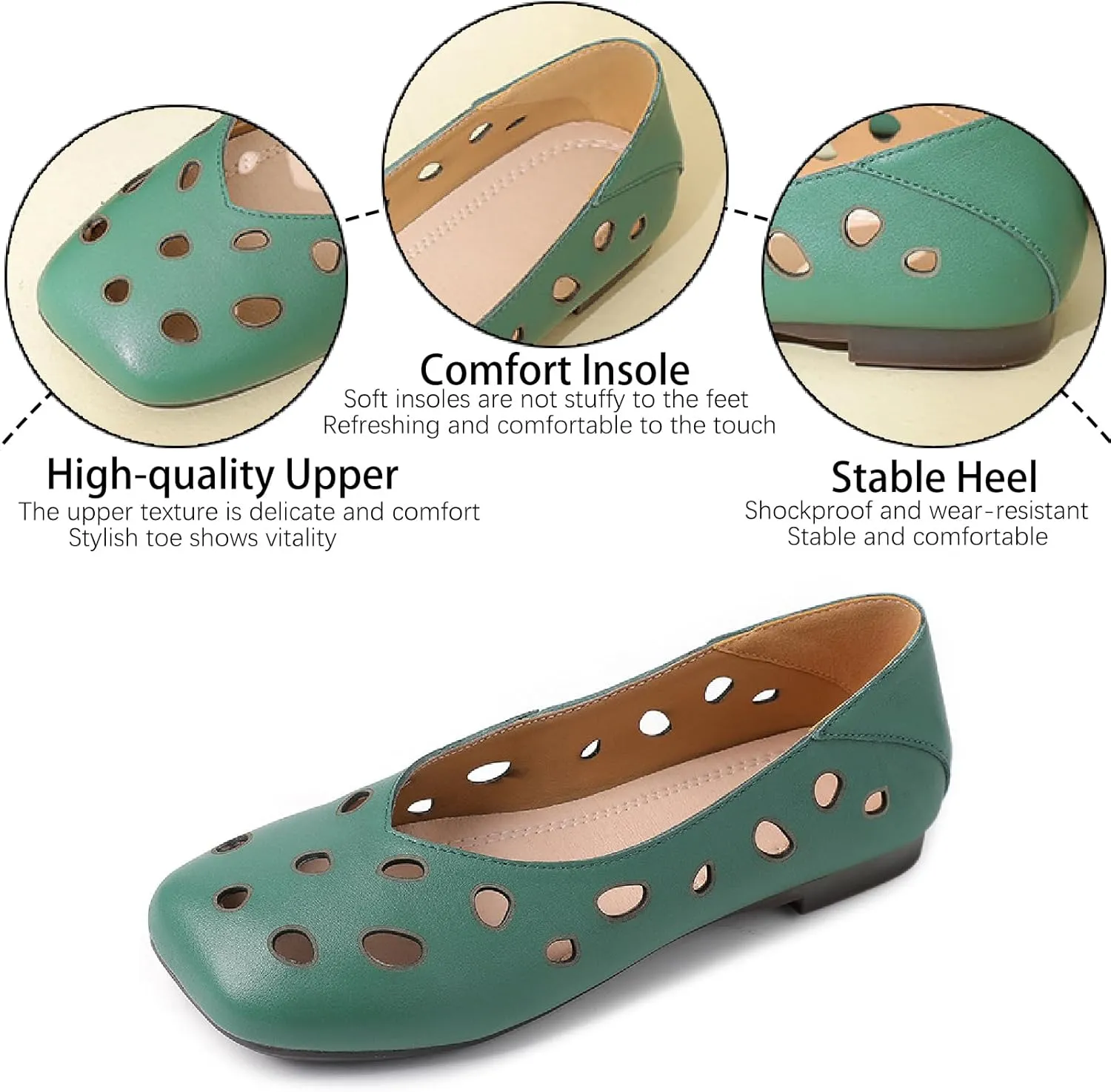 Women's Genuine Leather Hollow Out Flats Sandals Retro Comfortable Square Toe Slip On Ballet Flat Shoes Lightweight Soft Sole Driving Walking Shoes