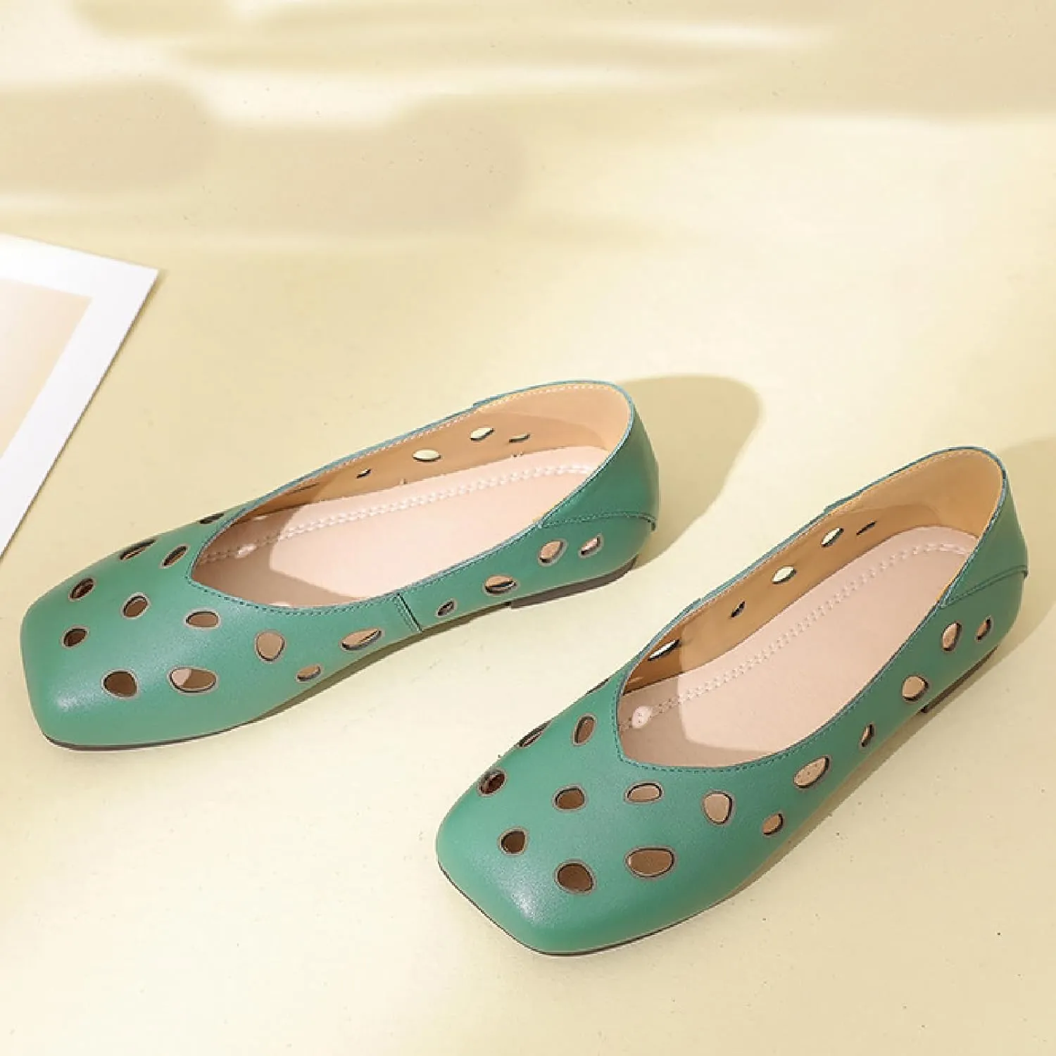 Women's Genuine Leather Hollow Out Flats Sandals Retro Comfortable Square Toe Slip On Ballet Flat Shoes Lightweight Soft Sole Driving Walking Shoes