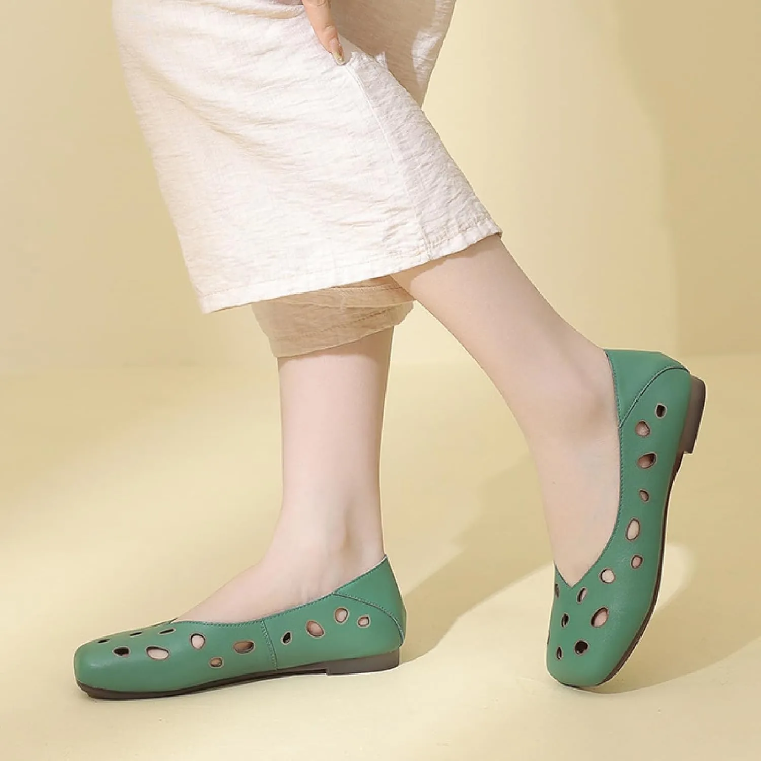 Women's Genuine Leather Hollow Out Flats Sandals Retro Comfortable Square Toe Slip On Ballet Flat Shoes Lightweight Soft Sole Driving Walking Shoes
