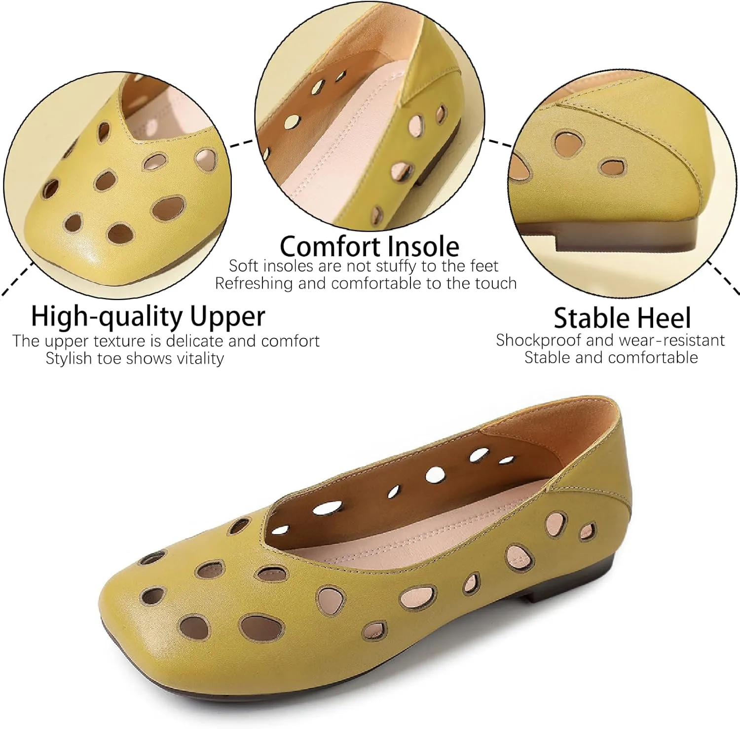 Women's Genuine Leather Hollow Out Flats Sandals Retro Comfortable Square Toe Slip On Ballet Flat Shoes Lightweight Soft Sole Driving Walking Shoes