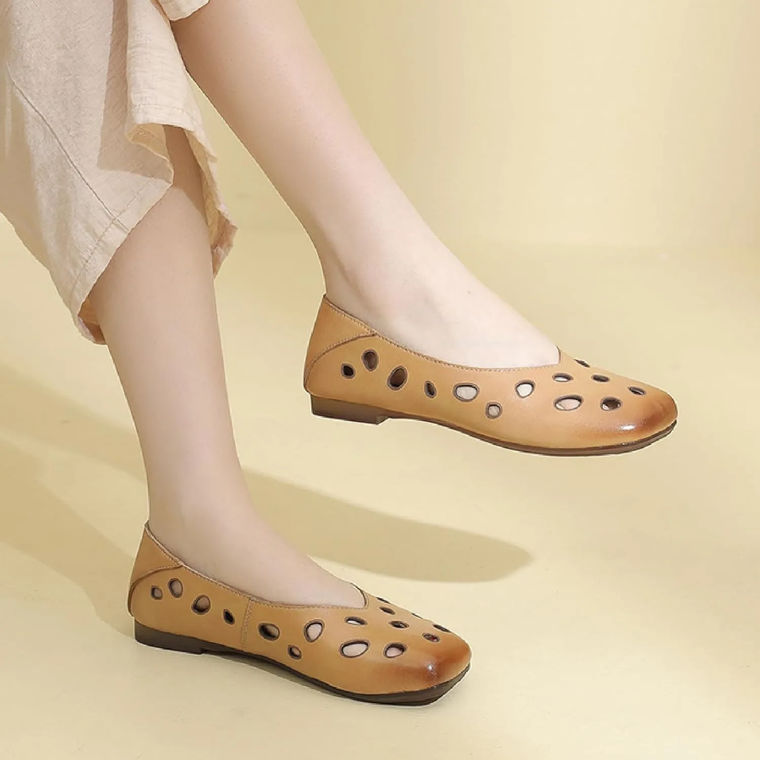 Women's Genuine Leather Hollow Out Flats Sandals Retro Comfortable Square Toe Slip On Ballet Flat Shoes Lightweight Soft Sole Driving Walking Shoes