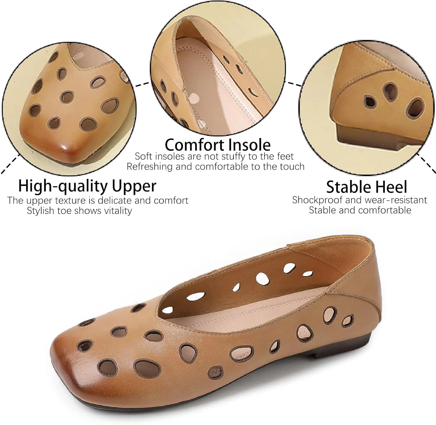 Women's Genuine Leather Hollow Out Flats Sandals Retro Comfortable Square Toe Slip On Ballet Flat Shoes Lightweight Soft Sole Driving Walking Shoes