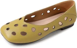 Women's Genuine Leather Hollow Out Flats Sandals Retro Comfortable Square Toe Slip On Ballet Flat Shoes Lightweight Soft Sole Driving Walking Shoes