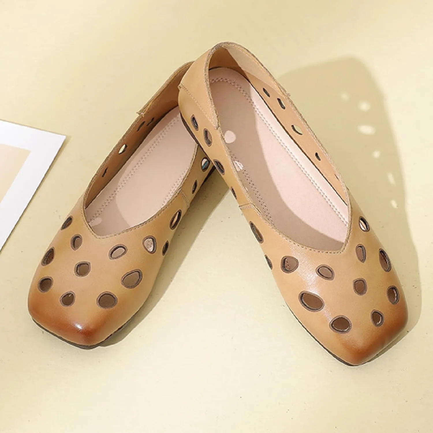 Women's Genuine Leather Hollow Out Flats Sandals Retro Comfortable Square Toe Slip On Ballet Flat Shoes Lightweight Soft Sole Driving Walking Shoes
