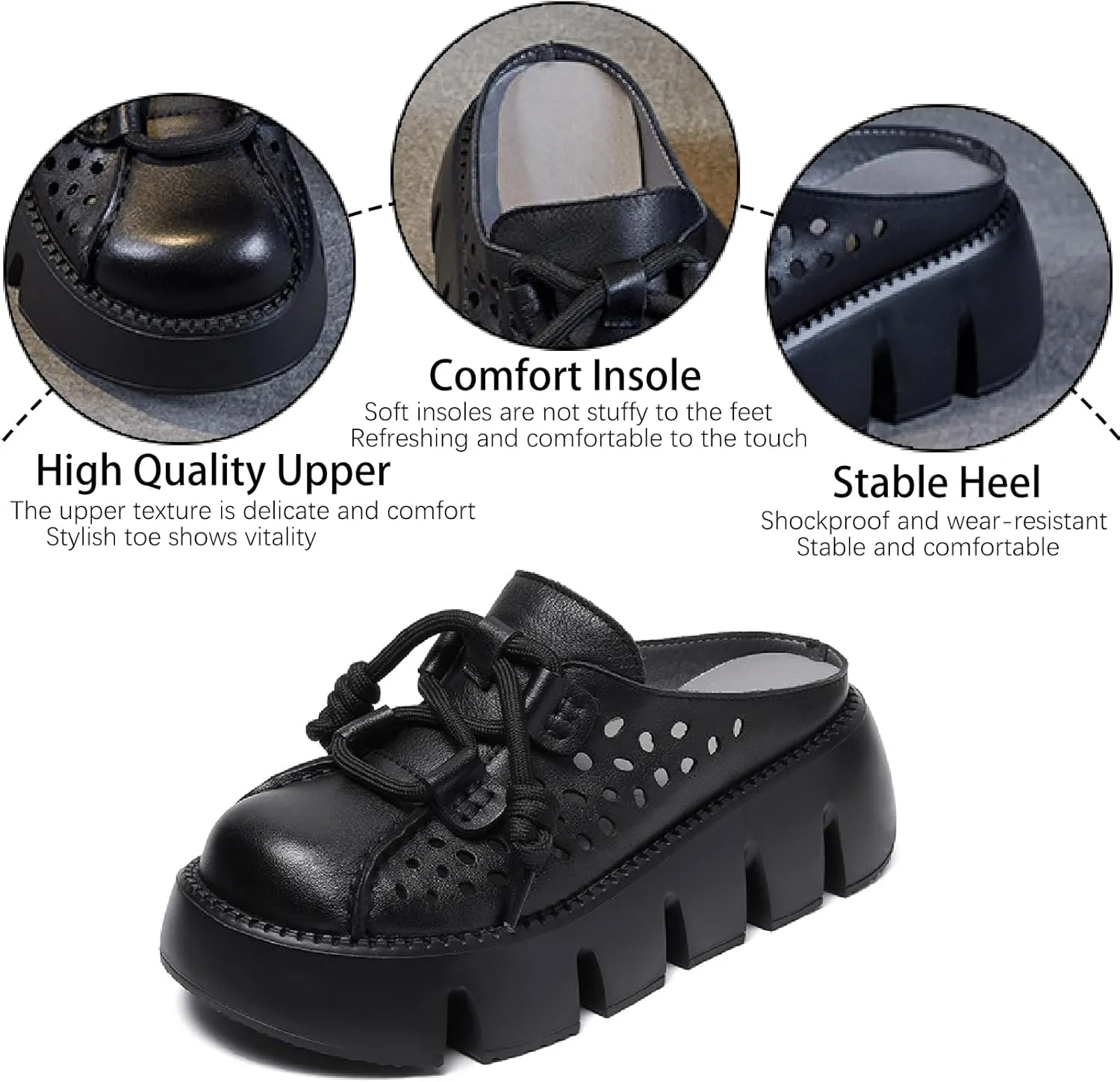 Women's Genuine Leather Hollow Platform Mules Sandals Fashion Lace Up Comfortable Closed Round Toe Slip-on Anti-slip Lug Sole Slides for Beach Walking Dress Slippers
