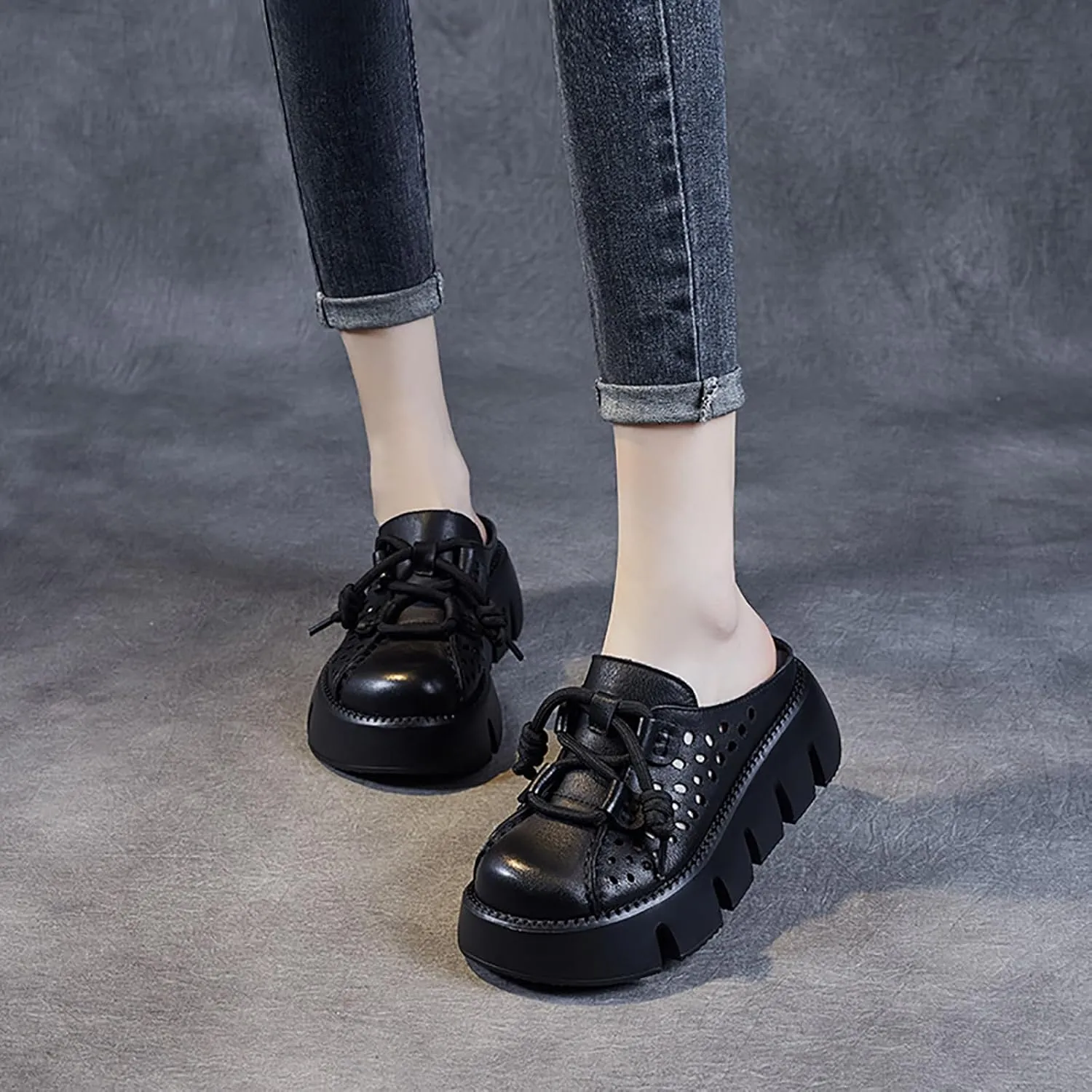 Women's Genuine Leather Hollow Platform Mules Sandals Fashion Lace Up Comfortable Closed Round Toe Slip-on Anti-slip Lug Sole Slides for Beach Walking Dress Slippers