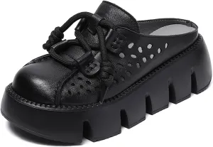 Women's Genuine Leather Hollow Platform Mules Sandals Fashion Lace Up Comfortable Closed Round Toe Slip-on Anti-slip Lug Sole Slides for Beach Walking Dress Slippers