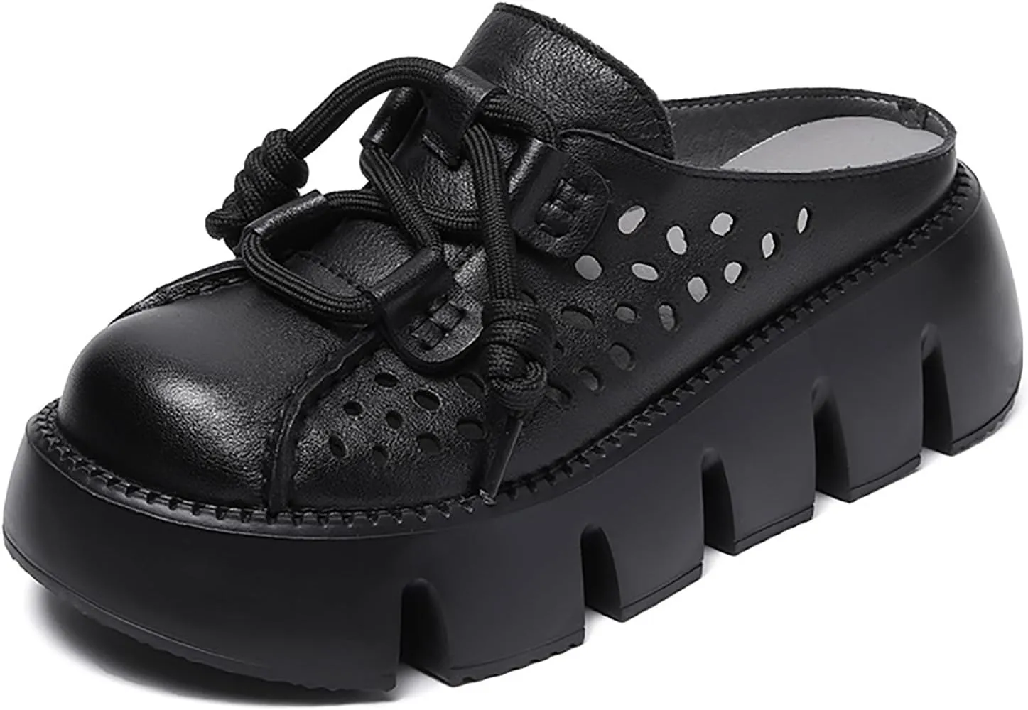 Women's Genuine Leather Hollow Platform Mules Sandals Fashion Lace Up Comfortable Closed Round Toe Slip-on Anti-slip Lug Sole Slides for Beach Walking Dress Slippers