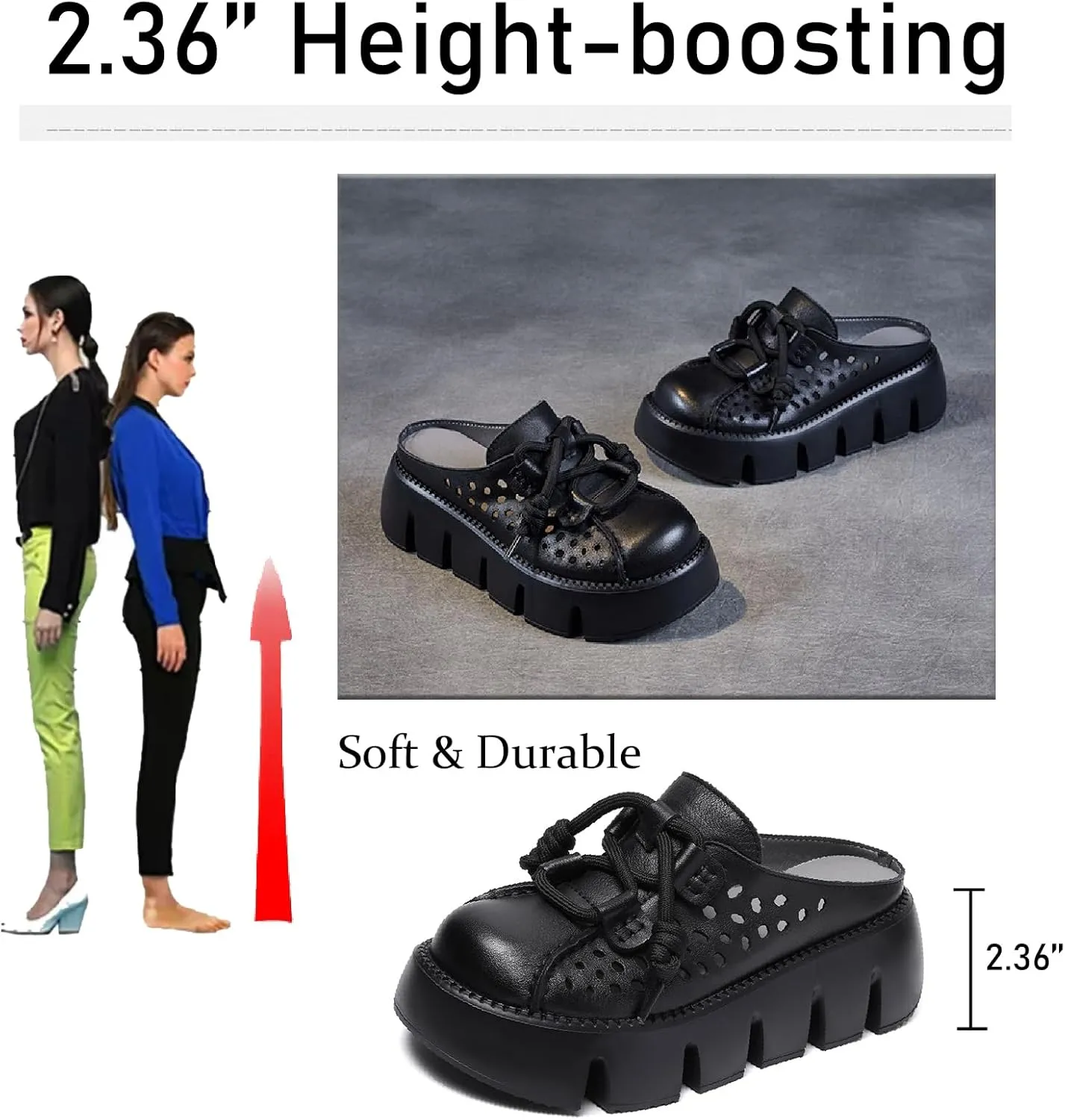 Women's Genuine Leather Hollow Platform Mules Sandals Fashion Lace Up Comfortable Closed Round Toe Slip-on Anti-slip Lug Sole Slides for Beach Walking Dress Slippers