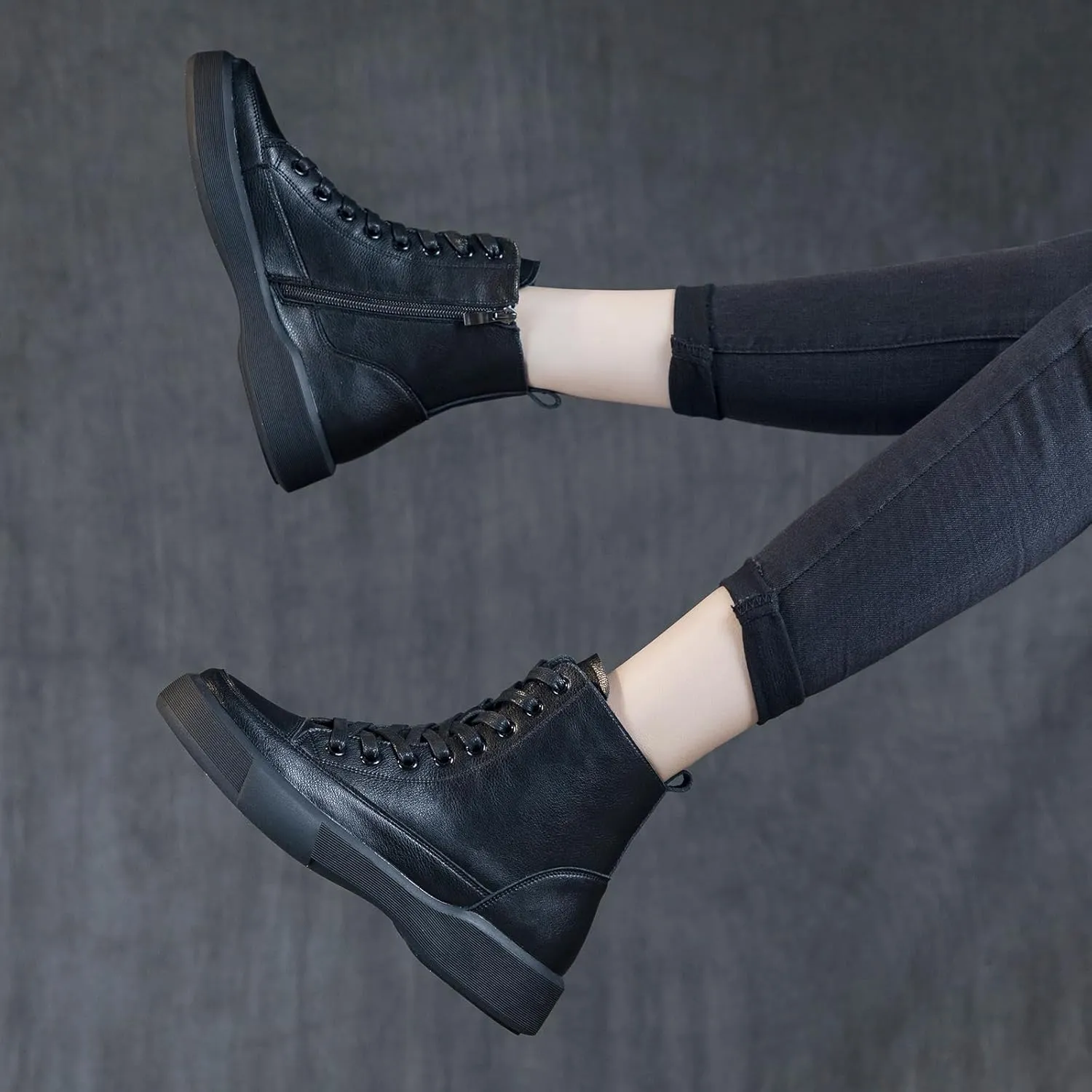 Womens Genuine Leather Lace Up Side Zipper High-Top Ankle Boots Retro Round Toe Platform Adds Height Fashion Combat Booties