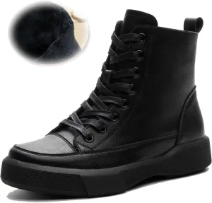 Womens Genuine Leather Lace Up Side Zipper High-Top Ankle Boots Retro Round Toe Platform Adds Height Fashion Combat Booties