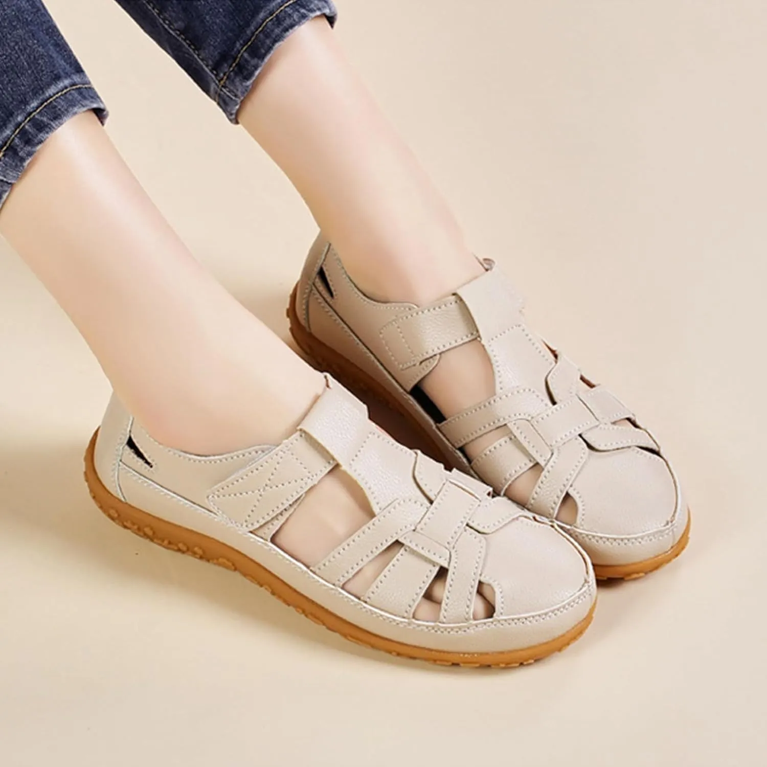 Women's Genuine Leather Soft Bottom Fisherman Sandals Comfort Lightweight Non Slip Summer Cutout Roman Sandals for Outdoor Beach Daily