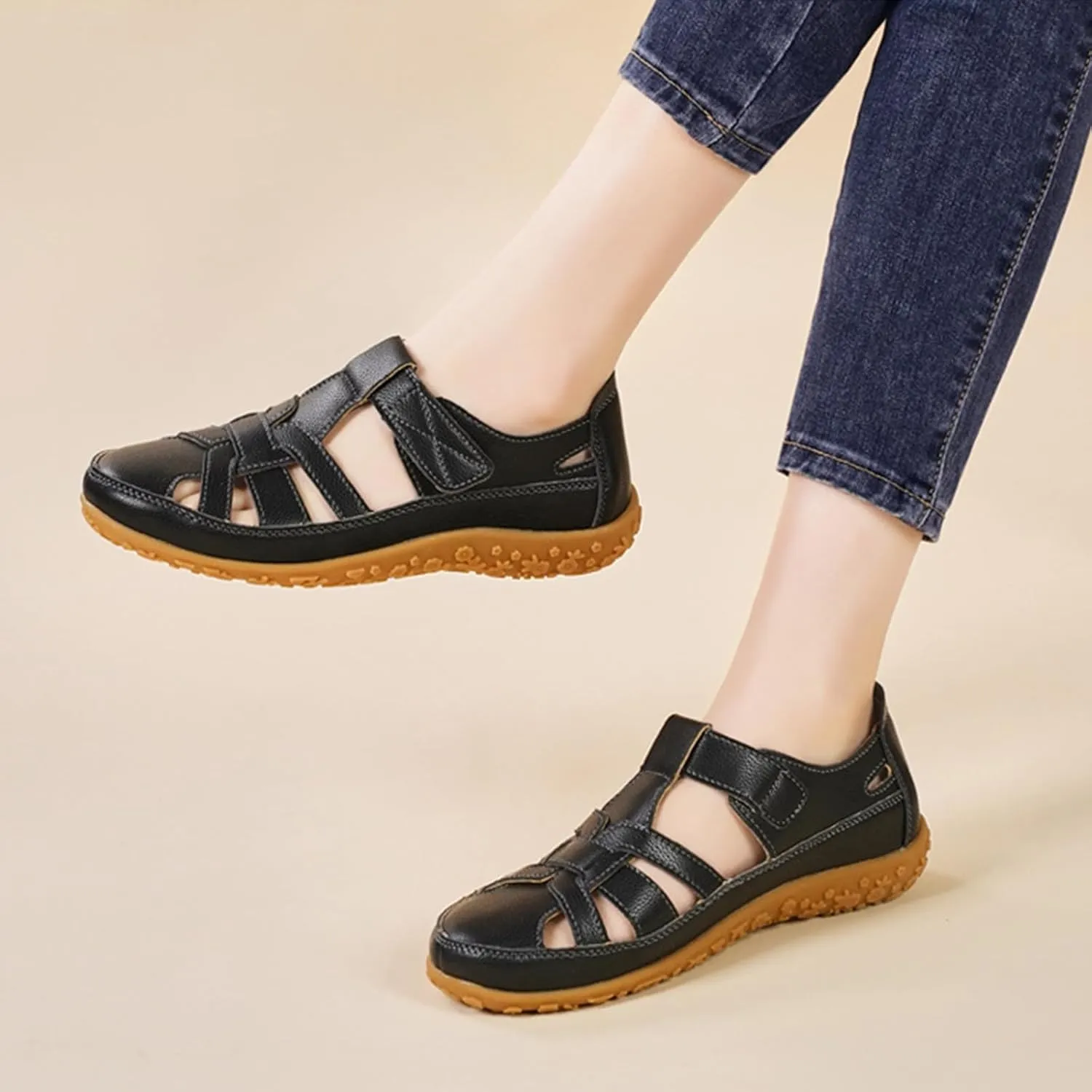 Women's Genuine Leather Soft Bottom Fisherman Sandals Comfort Lightweight Non Slip Summer Cutout Roman Sandals for Outdoor Beach Daily