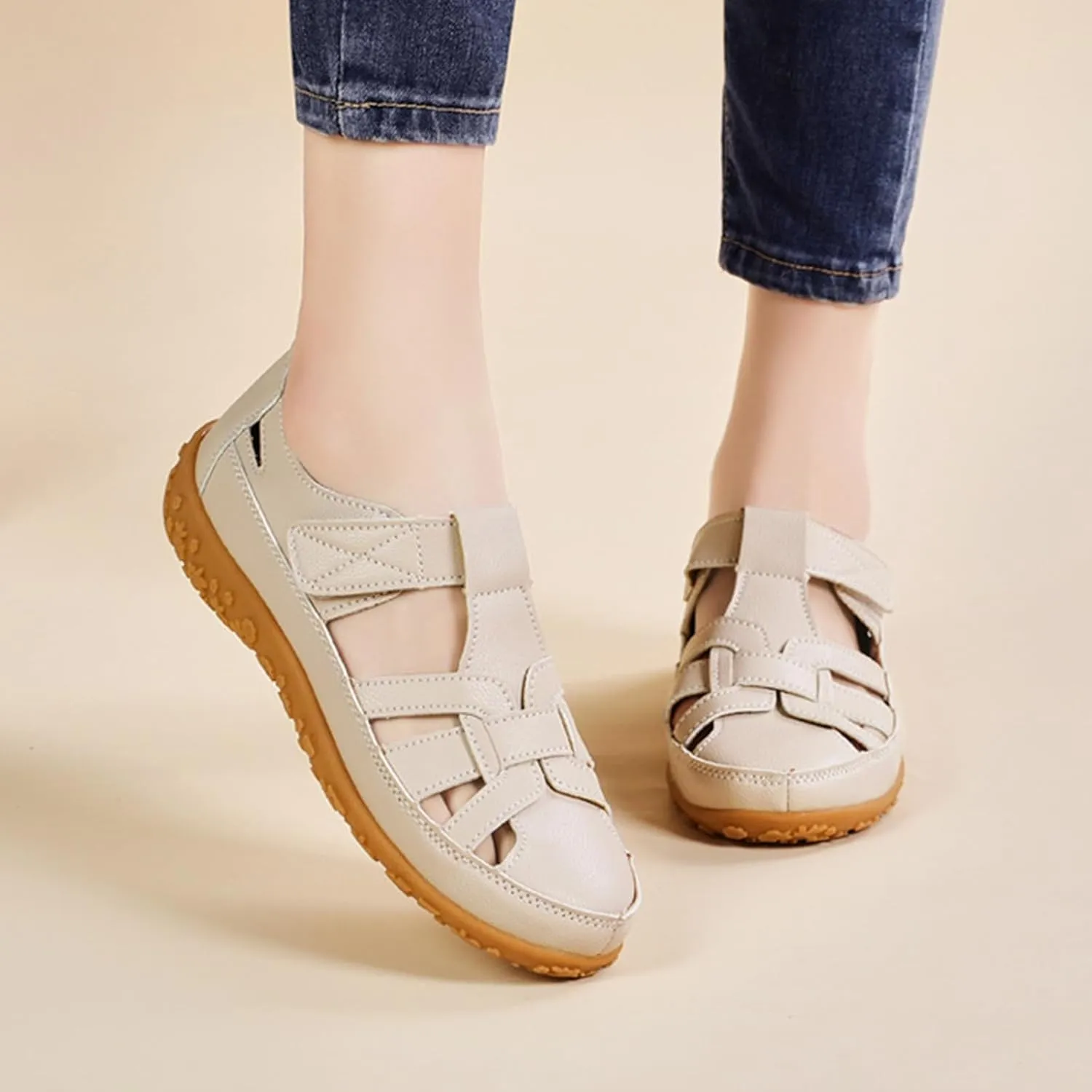Women's Genuine Leather Soft Bottom Fisherman Sandals Comfort Lightweight Non Slip Summer Cutout Roman Sandals for Outdoor Beach Daily