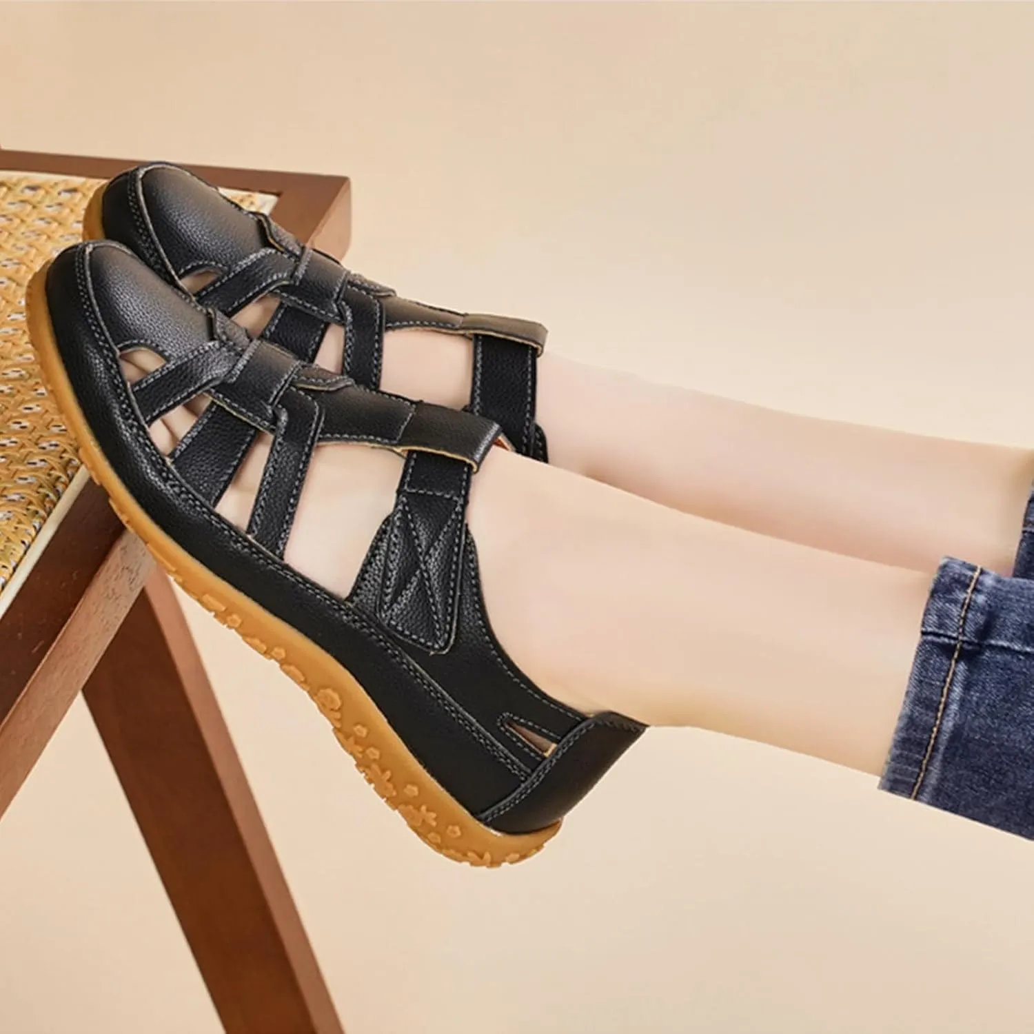 Women's Genuine Leather Soft Bottom Fisherman Sandals Comfort Lightweight Non Slip Summer Cutout Roman Sandals for Outdoor Beach Daily