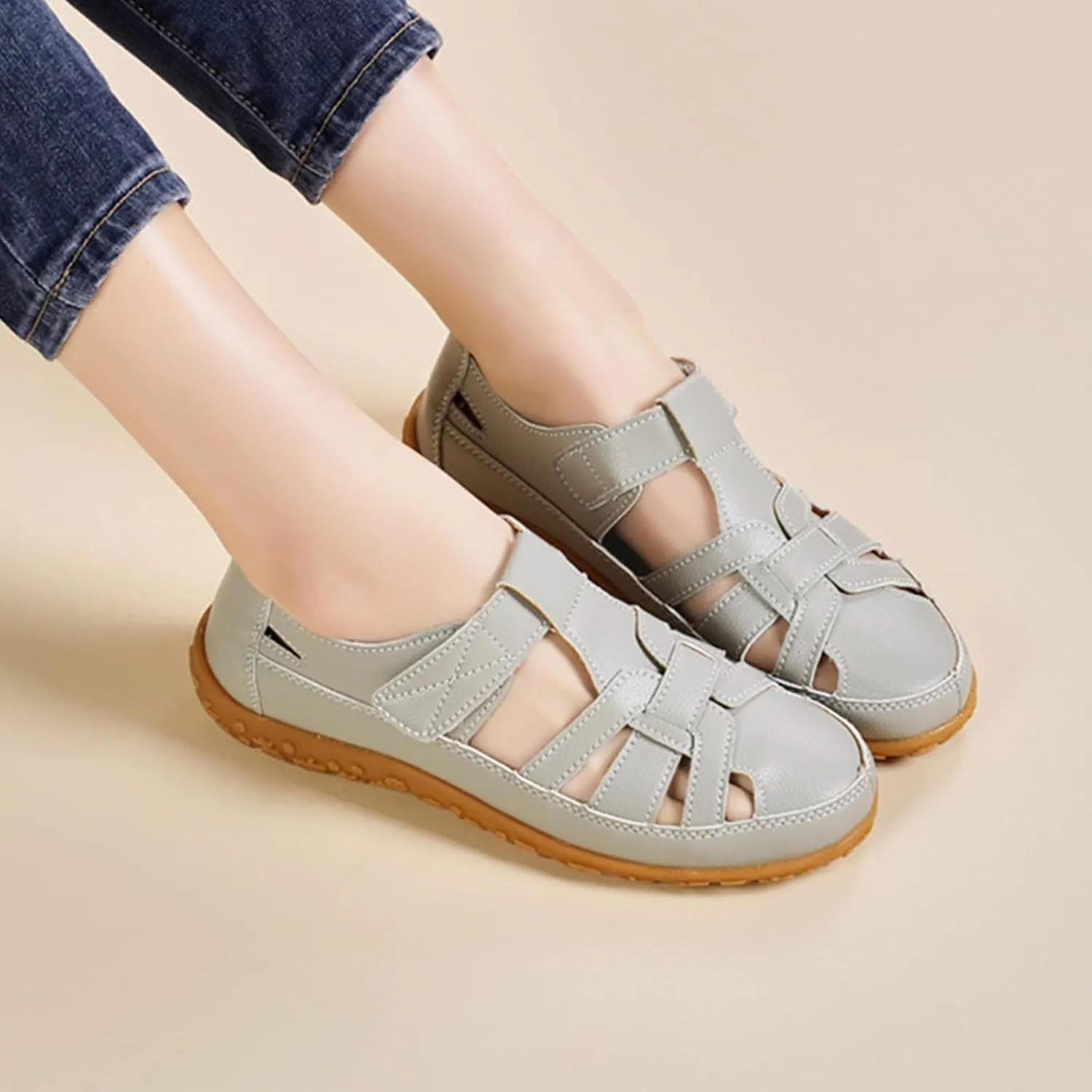 Women's Genuine Leather Soft Bottom Fisherman Sandals Comfort Lightweight Non Slip Summer Cutout Roman Sandals for Outdoor Beach Daily