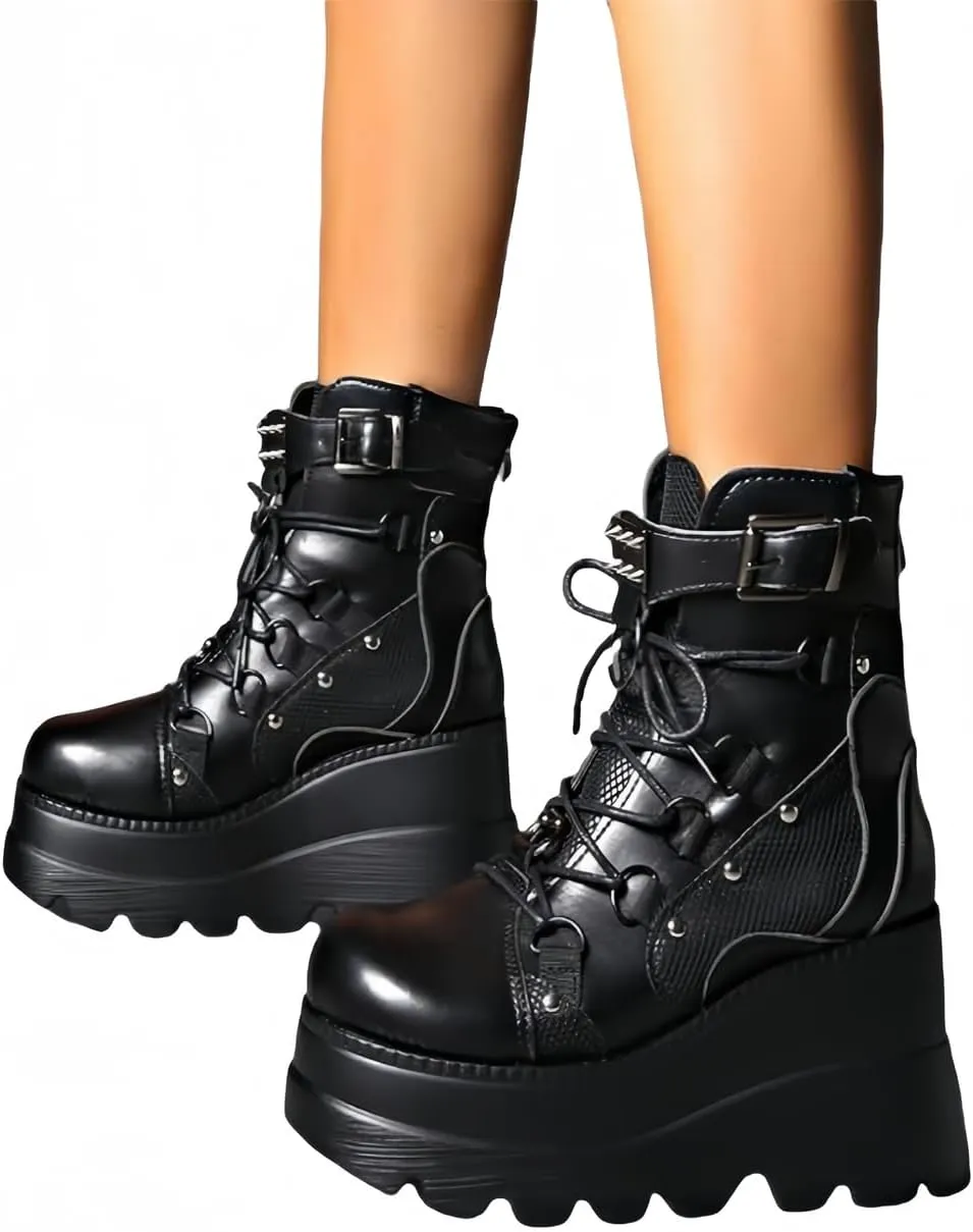Womens Goth Platform Boots Chunky High Heel Booties Round Toe Combat Ankle Boots Womens Lace Up Motorcycle Wedges Shoes