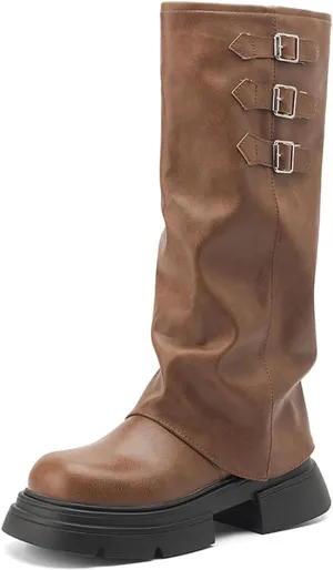 Women's Goth Platform Riding Boots Pull On Buckle Boots Fold Over Tall Knee High Boots Chunky Block Heel Round Toe Shoes