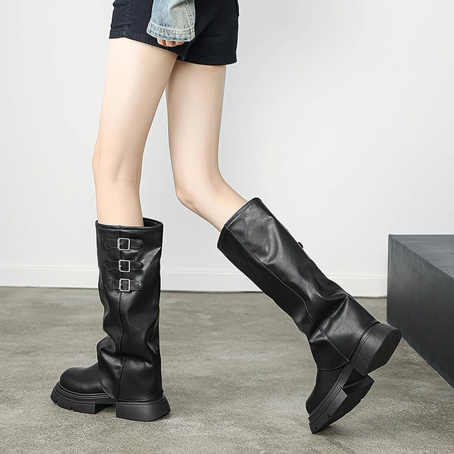 Women's Goth Platform Riding Boots Pull On Buckle Boots Fold Over Tall Knee High Boots Chunky Block Heel Round Toe Shoes