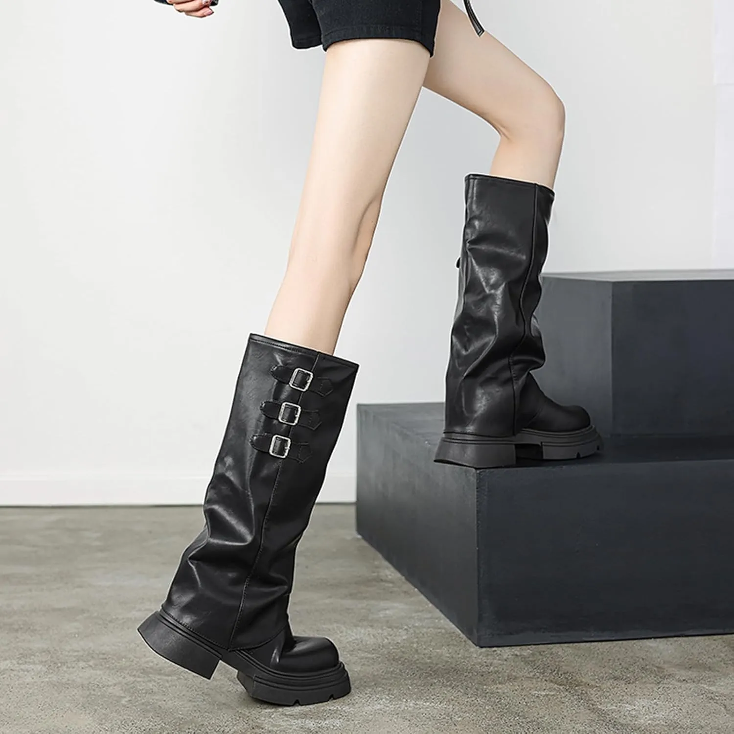 Women's Goth Platform Riding Boots Pull On Buckle Boots Fold Over Tall Knee High Boots Chunky Block Heel Round Toe Shoes