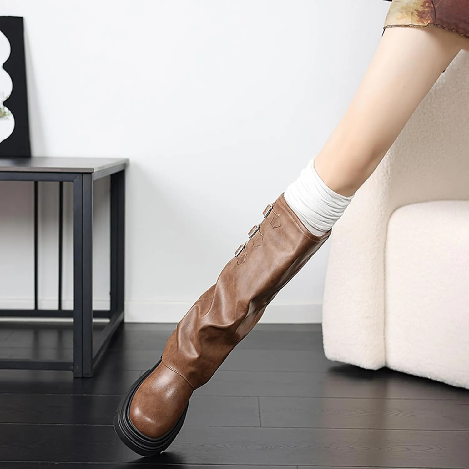 Women's Goth Platform Riding Boots Pull On Buckle Boots Fold Over Tall Knee High Boots Chunky Block Heel Round Toe Shoes