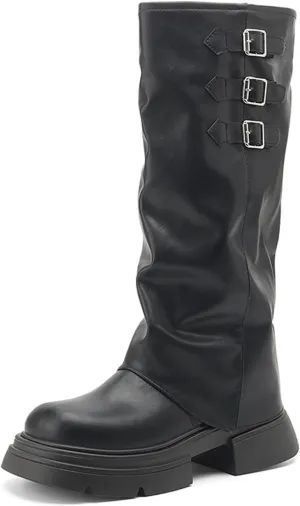 Women's Goth Platform Riding Boots Pull On Buckle Boots Fold Over Tall Knee High Boots Chunky Block Heel Round Toe Shoes
