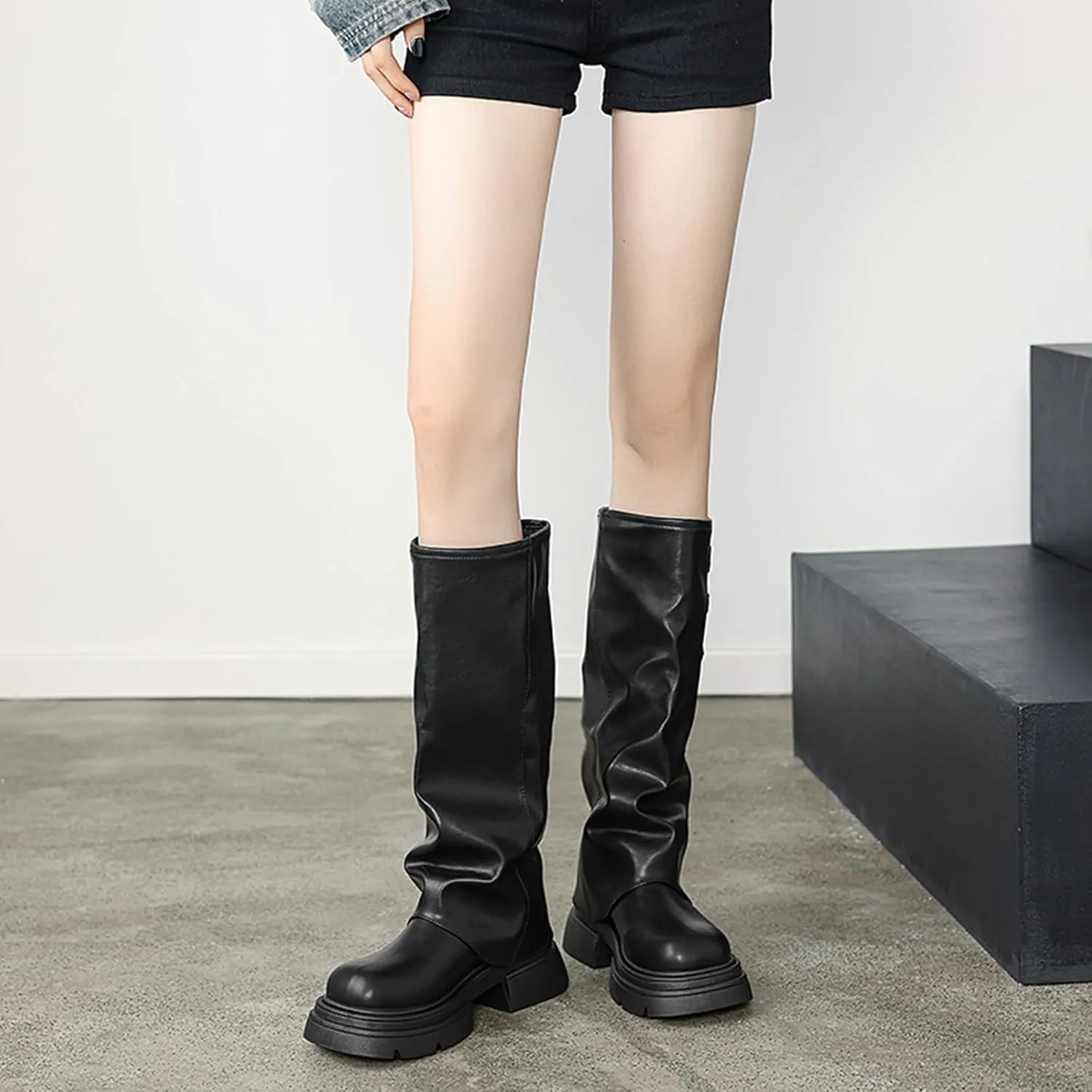 Women's Goth Platform Riding Boots Pull On Buckle Boots Fold Over Tall Knee High Boots Chunky Block Heel Round Toe Shoes