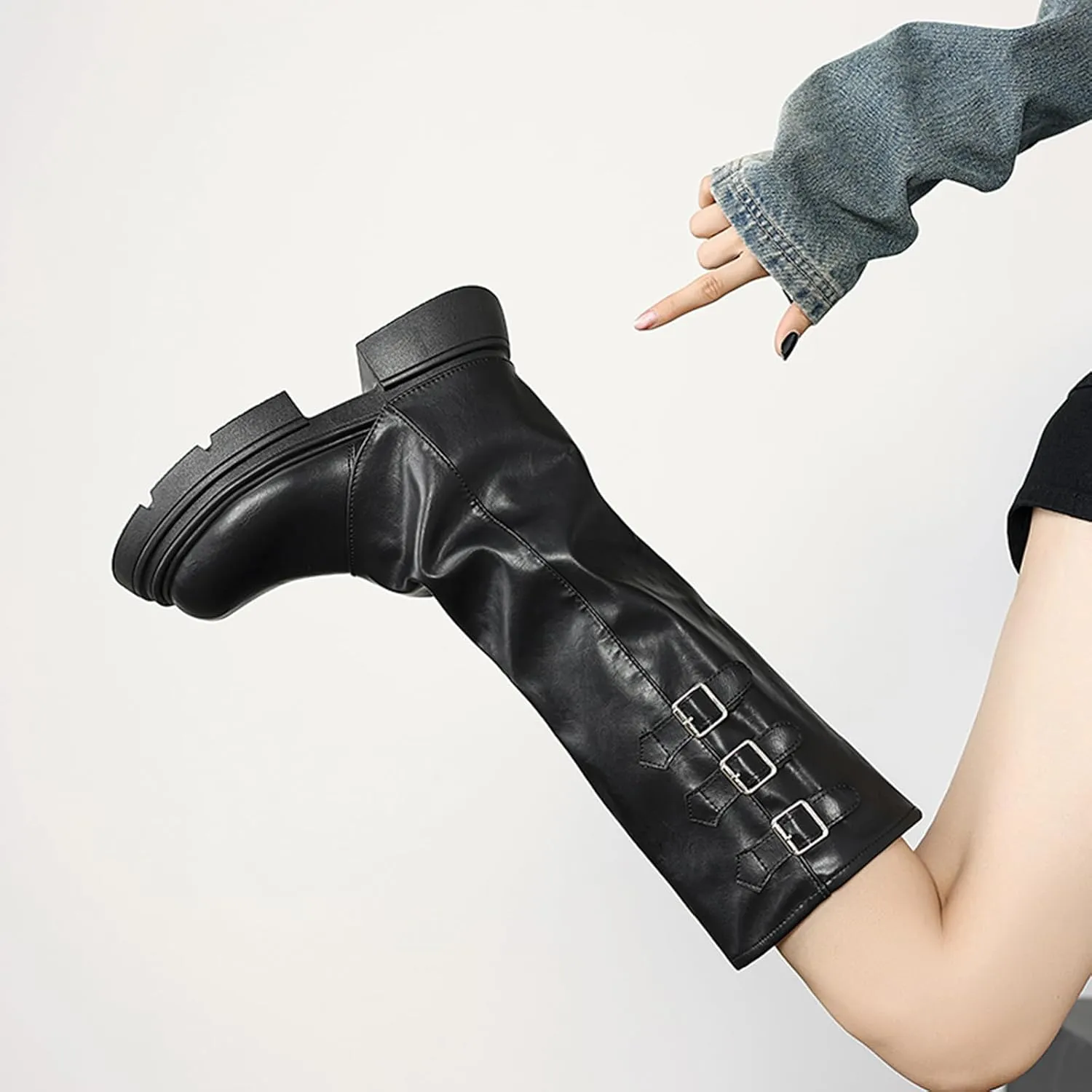 Women's Goth Platform Riding Boots Pull On Buckle Boots Fold Over Tall Knee High Boots Chunky Block Heel Round Toe Shoes