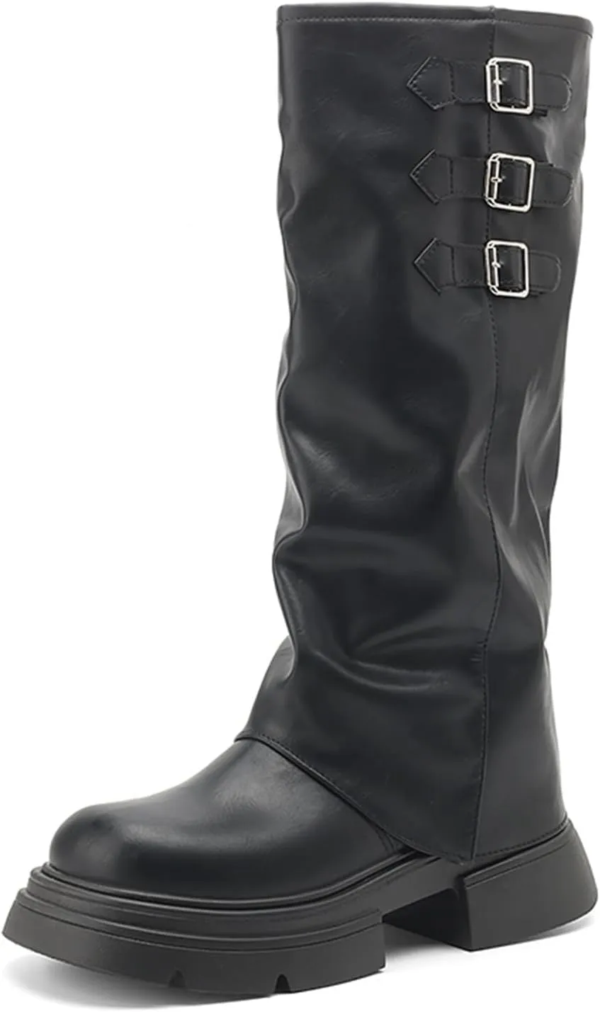 Women's Goth Platform Riding Boots Pull On Buckle Boots Fold Over Tall Knee High Boots Chunky Block Heel Round Toe Shoes