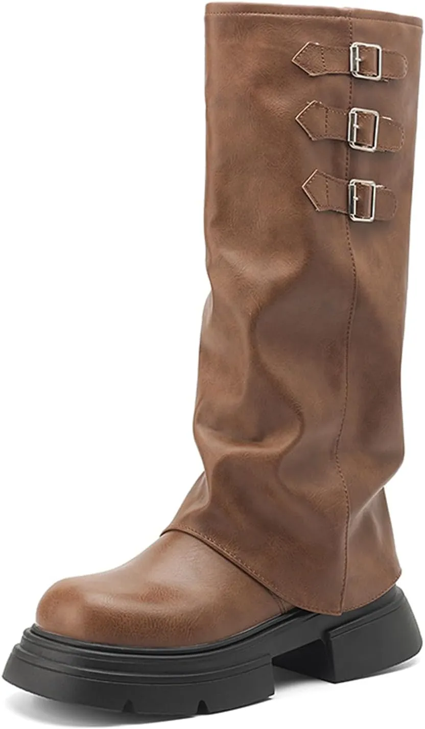Women's Goth Platform Riding Boots Pull On Buckle Boots Fold Over Tall Knee High Boots Chunky Block Heel Round Toe Shoes