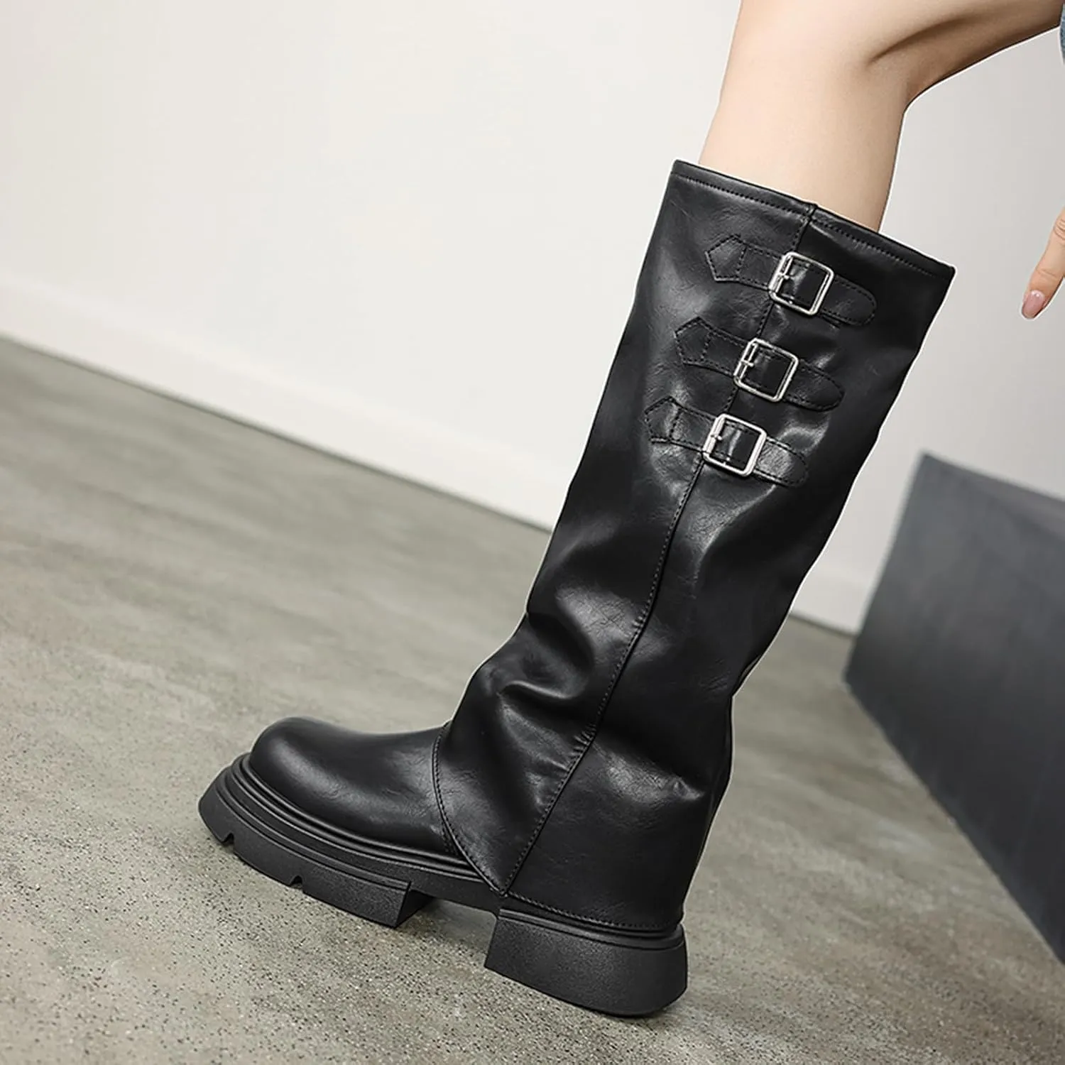 Women's Goth Platform Riding Boots Pull On Buckle Boots Fold Over Tall Knee High Boots Chunky Block Heel Round Toe Shoes