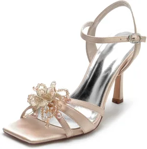 Women's Heeled Sandal Wedding Bridal Evening Party Dress Shoes Square Toe Peep Toe Satin Stiletto Heel 9.5Cm