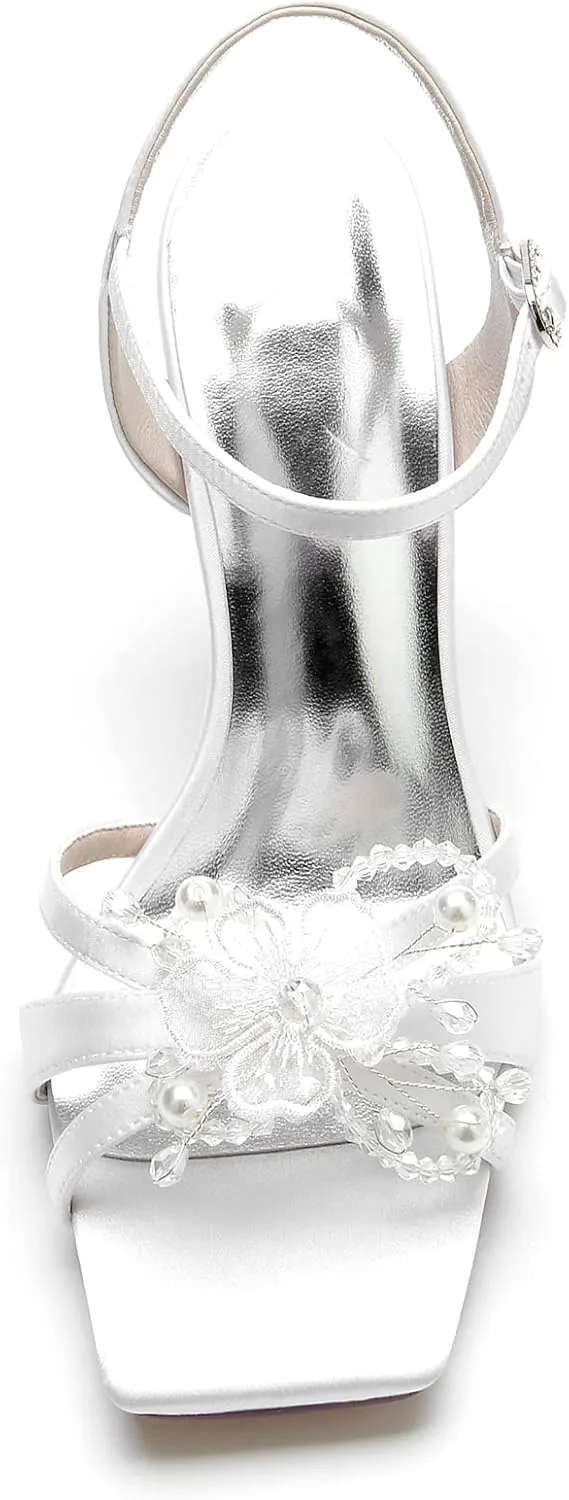 Women's Heeled Sandal Wedding Bridal Evening Party Dress Shoes Square Toe Peep Toe Satin Stiletto Heel 9.5Cm