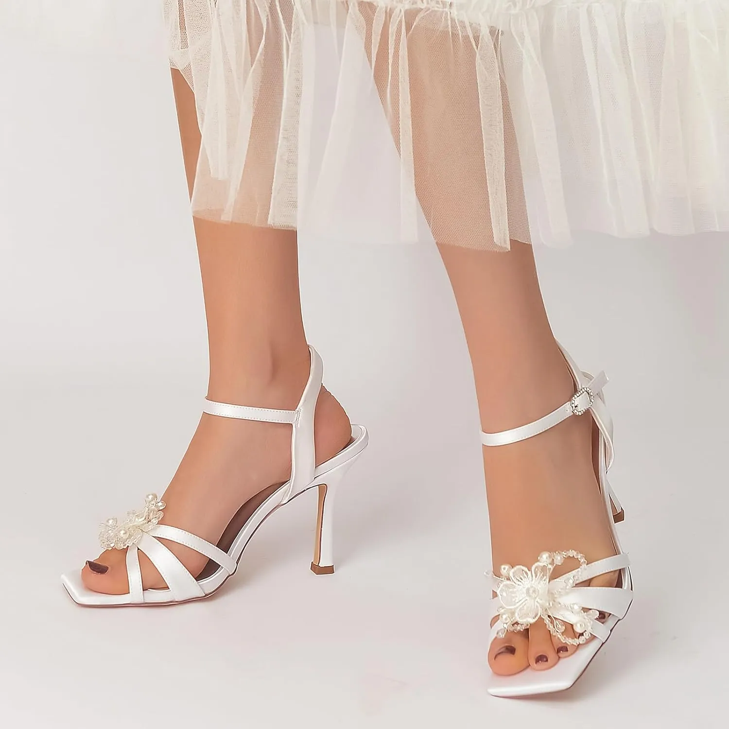 Women's Heeled Sandal Wedding Bridal Evening Party Dress Shoes Square Toe Peep Toe Satin Stiletto Heel 9.5Cm
