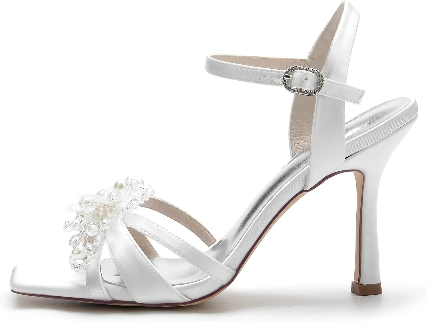 Women's Heeled Sandal Wedding Bridal Evening Party Dress Shoes Square Toe Peep Toe Satin Stiletto Heel 9.5Cm