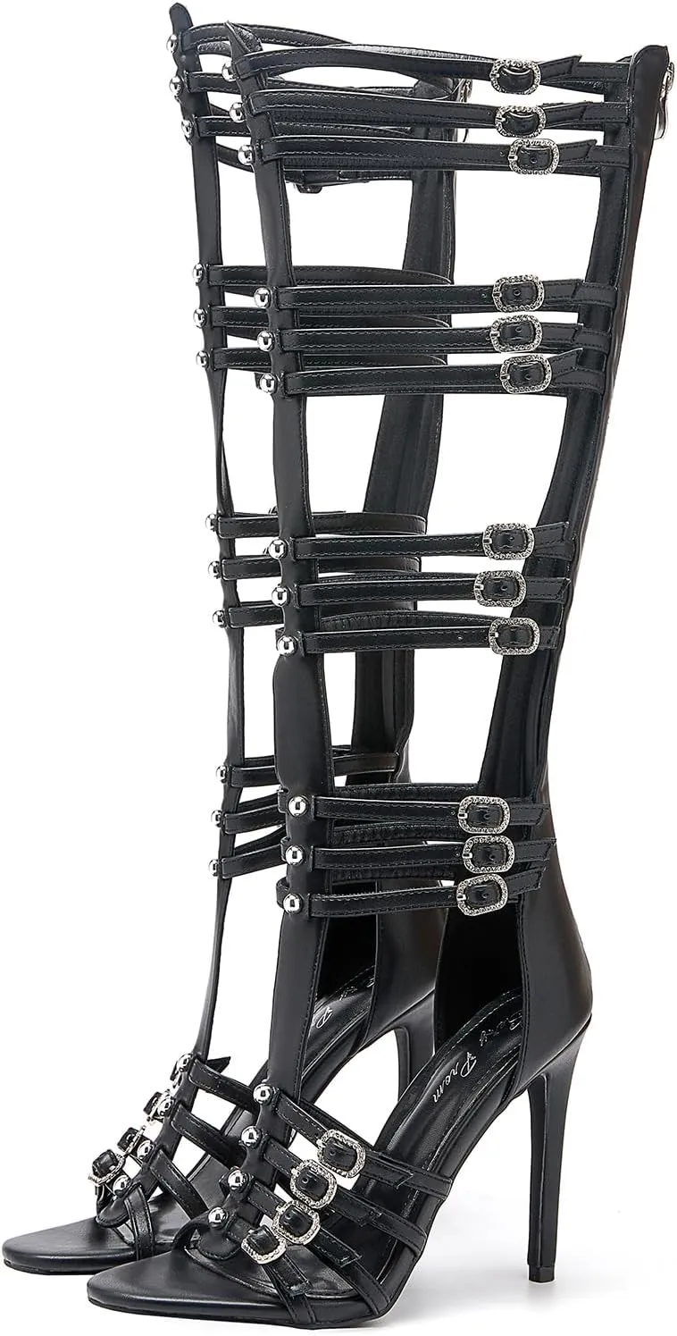 Women's Knee High Boots Hollow Open Toe Stiletto Heel Metal Bead Rhinestone Bukles 4.3IN Nightclub Party Wedding Shoes