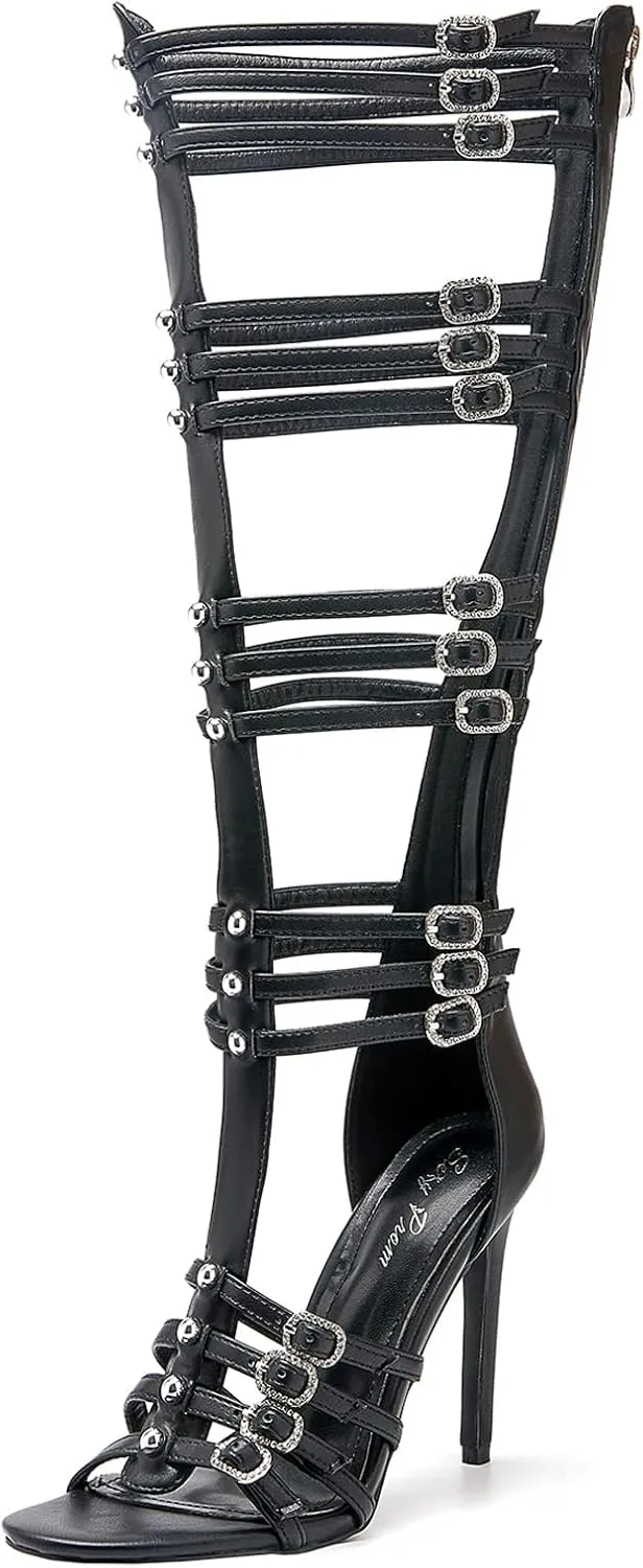 Women's Knee High Boots Hollow Open Toe Stiletto Heel Metal Bead Rhinestone Bukles 4.3IN Nightclub Party Wedding Shoes