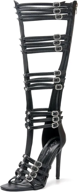 Women's Knee High Boots Hollow Open Toe Stiletto Heel Metal Bead Rhinestone Bukles 4.3IN Nightclub Party Wedding Shoes