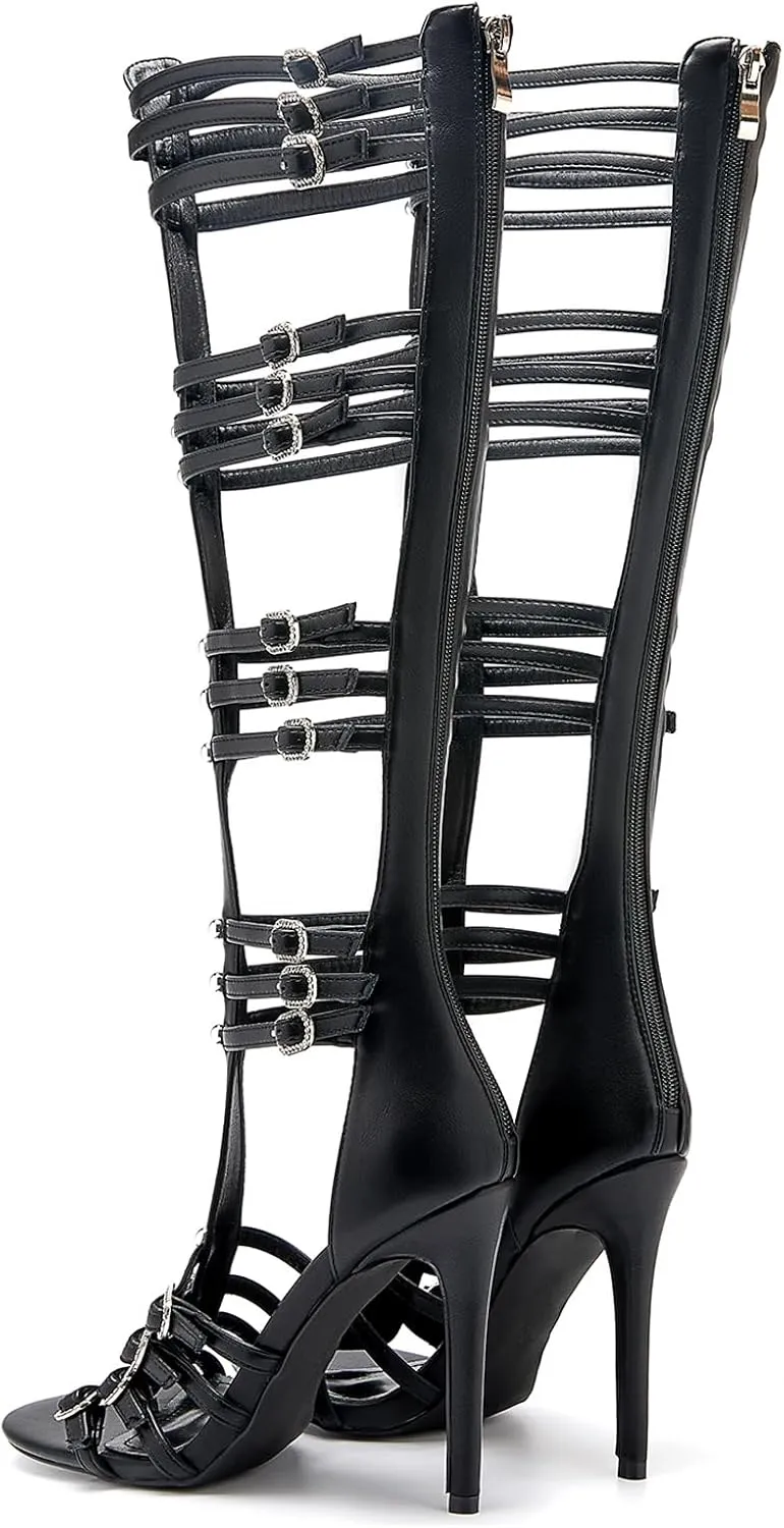 Women's Knee High Boots Hollow Open Toe Stiletto Heel Metal Bead Rhinestone Bukles 4.3IN Nightclub Party Wedding Shoes
