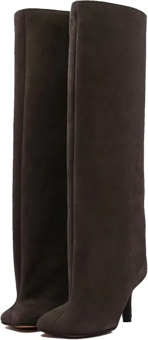 Women's Knee High Suede Boots for Women Wide Calf Square Toe Stiletto Heels Tall Boots Pull On High Heel Long Booties