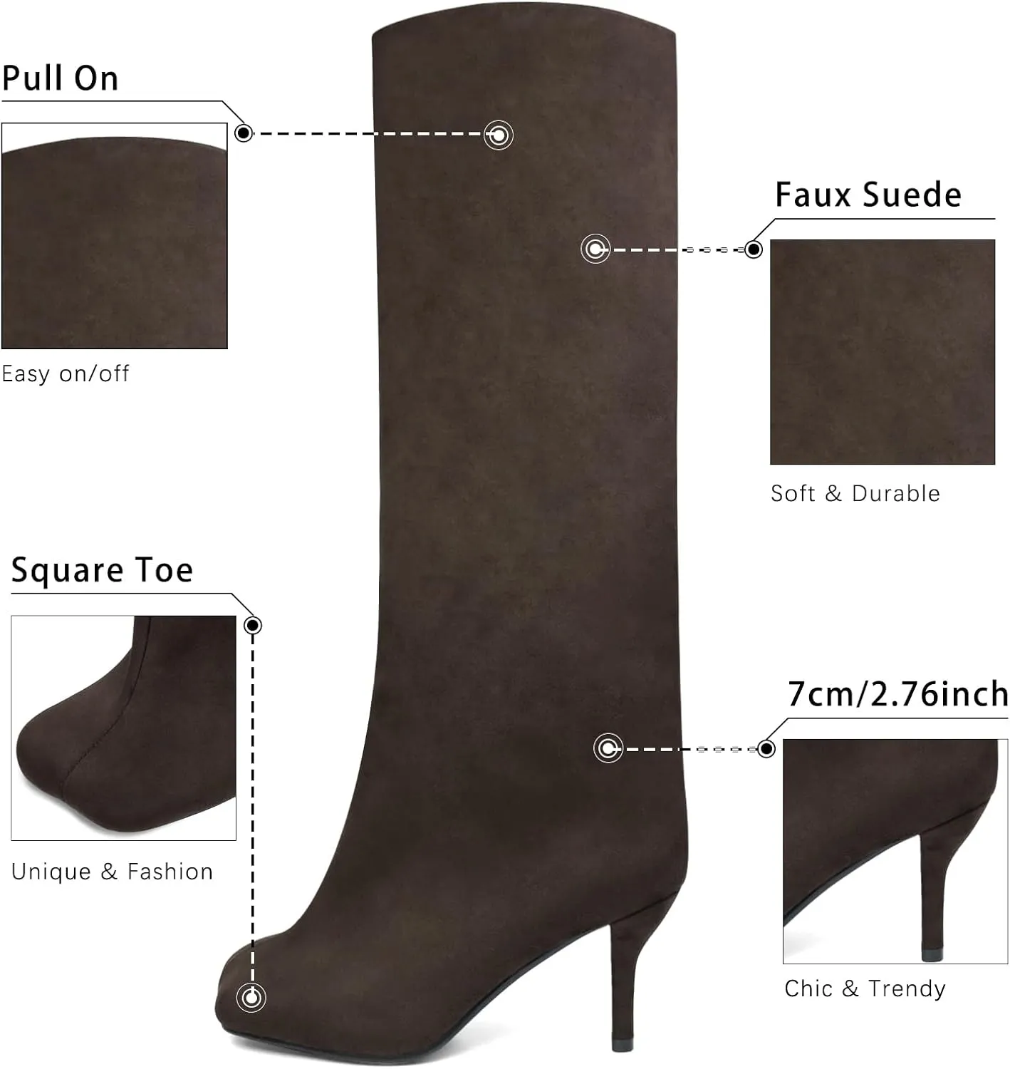Women's Knee High Suede Boots for Women Wide Calf Square Toe Stiletto Heels Tall Boots Pull On High Heel Long Booties