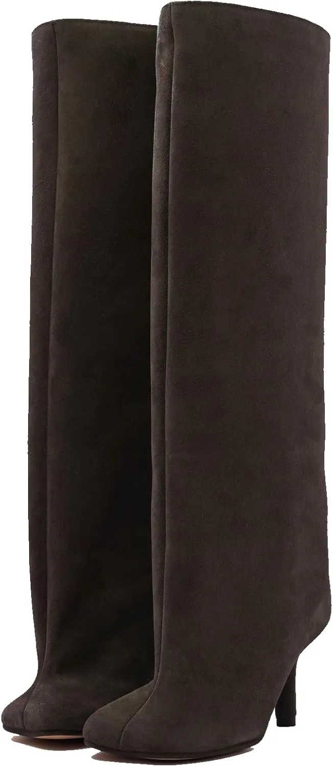 Women's Knee High Suede Boots for Women Wide Calf Square Toe Stiletto Heels Tall Boots Pull On High Heel Long Booties
